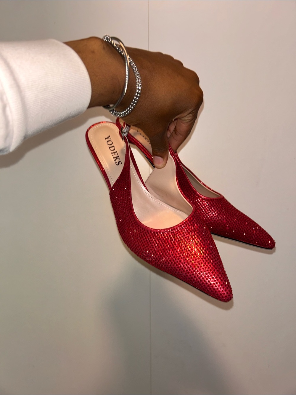 Red Embellished Pointed-Toe Slingback Heels